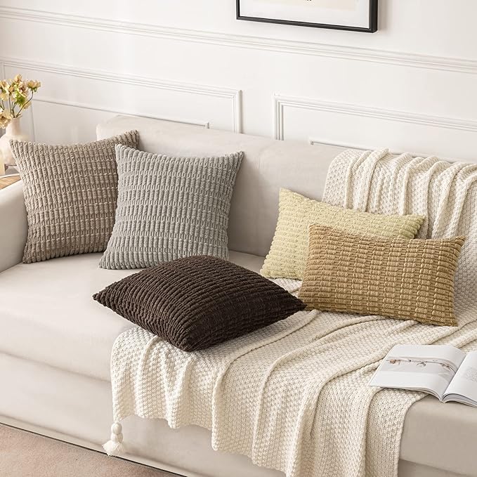 MIULEE Pack of 2 Corduroy Decorative Throw Pillow Covers 20x20 Inch Soft Boho Striped Pillow Covers Modern Farmhouse Home Decor for Sofa Living Room Couch Bed Beige