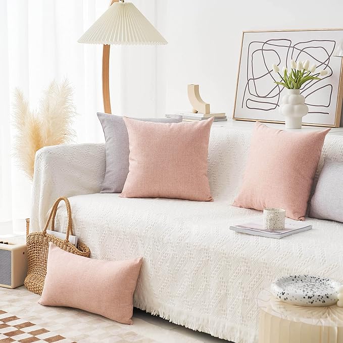 Home Brilliant Pillow Covers 18x18 Set of 4 Decorative Linen Cushion Covers Square Throw Pillows Covers for Couch, Baby Pink, 18 inch, 4 Pcs