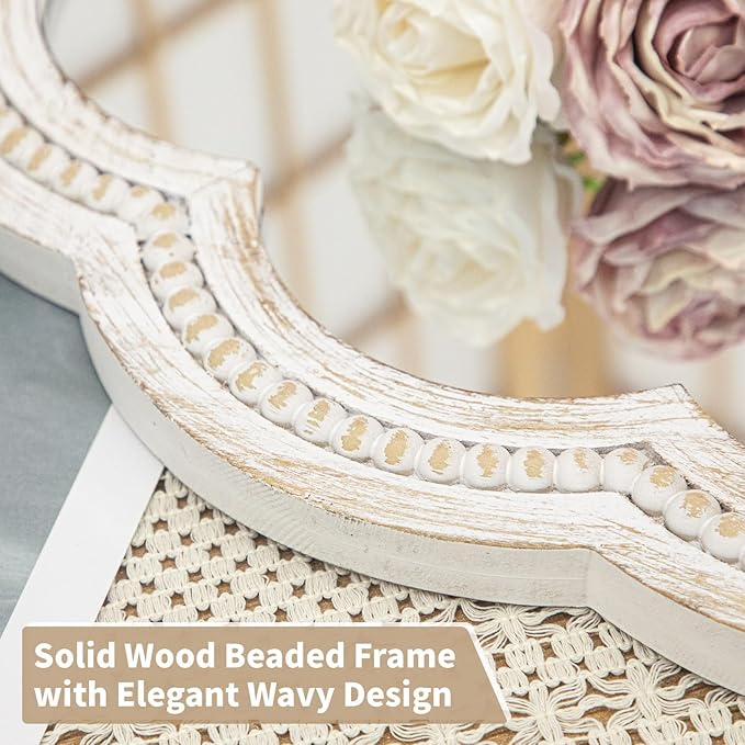 24 Inch Round Wall Mirror, Whitewashed Wooden Frame with Scalloped Edge & Beaded Trim, Decorative Farmhouse Boho Mirror for Bedroom, Bathroom, Living Room, Entryway