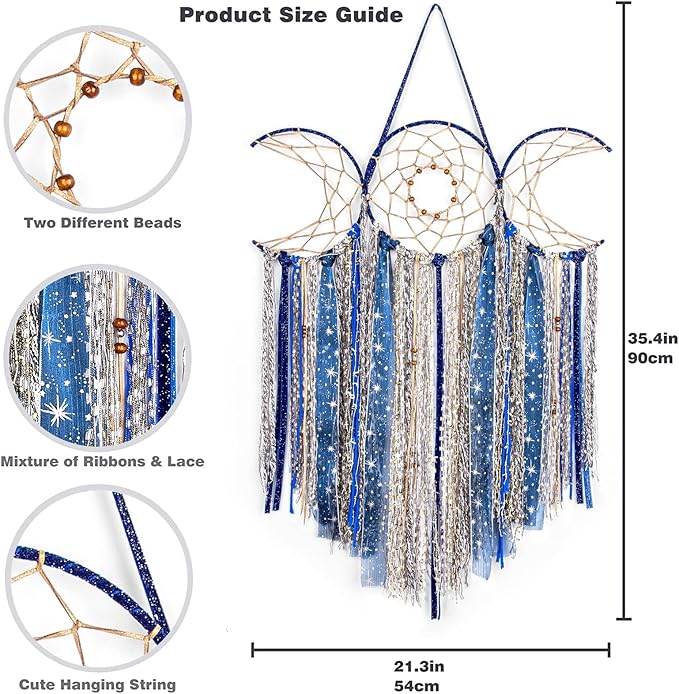 ANROYE Blue Triple Moon Goddess Macrame Wall Hanging, Boho Wiccan Crescent Dream Catcher, Bohemian Dreamcatcher Art for Women, Hippie Woven Pagan Tapestry Decor for Bedroom Decoration