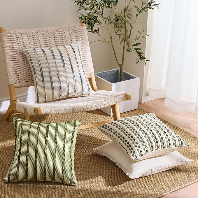 ANRODUO Boho Woven Chenille Pillow Covers 20x20 Inch Set of 2 Soft Textured Decorative Cushion Case with Striped Farmhouse Accent Neutral Pillowcase for Couch Sofa Bed Living Room Decor, Blue Stripe