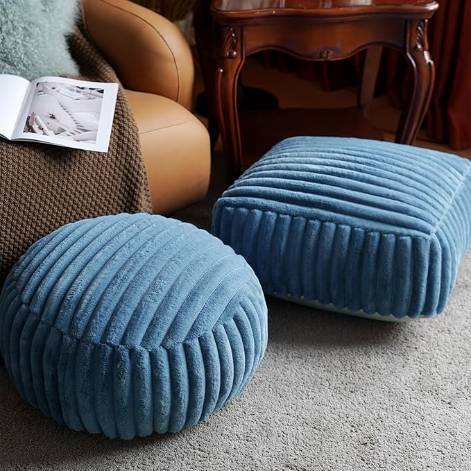 Unstuffed Pouf Ottoman Cover Soft Storage Extra Seat Farmhouse Comfortable Bohemian Poufs Accent Footrest 20x20x8 Inches for Living Room Bedroom Study Nook (Blue, Square)