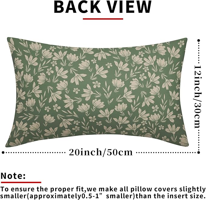 Spring Sage Green Pillow Covers 12x20 Set of 2 Vintage Floral Rustic Old Style Cute Flower Print Decorative Outdoor Pillowcases Seasonal Farmhouse Throw Cushion Case Decor for Couch Sofa Bed