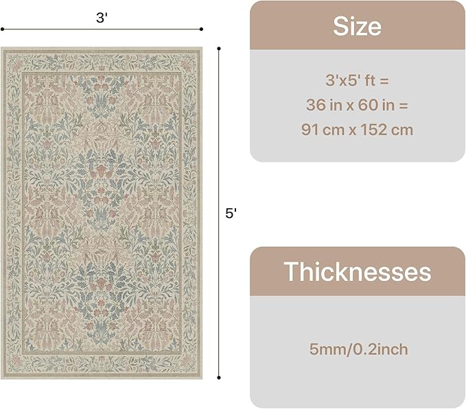 GENIMO Washable 3x5 Area Rug, Soft Vintage Floral Boho Carpet, Low-Pile Non-Slip Rug for Living Room, Bedroom, Dining Room, Nursery, Beige Pink