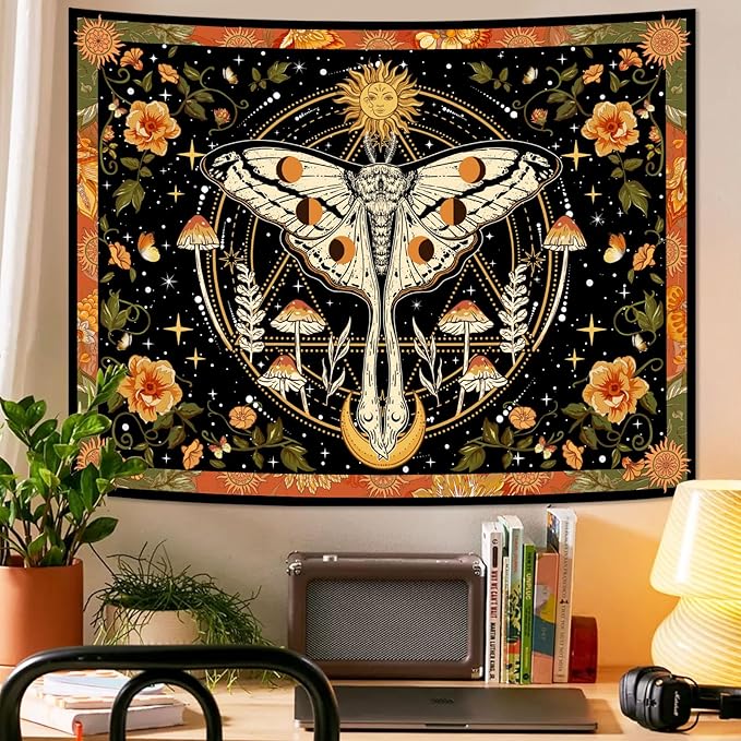 Aipon Orange Moth Tapestry Boho Retro Floral Flowers Tapestries Aesthetic Vintage Mushroom Tapestries for Bedroom Indie Sun Moon Tapestry Wall Hanging for Living Room Dorm (80'' × 60'')