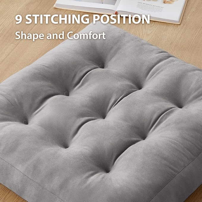 Meditation Floor Pillow Set of 4, Square Large Pillows Seating for Adults, Meditation Cushion Pillow,Tufted Corduroy Cushion for Tatami Living Room or Yoga, Light Gray, 22x22 Inch