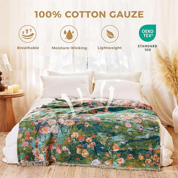 Boho Throw Blanket for Couch Sofa Chair Spring Cotton Blankets for Bedroom Living Room All Season Soft Lightweight Reversible Floral Embroidery Decorative Throws 50"x60" Home Decor