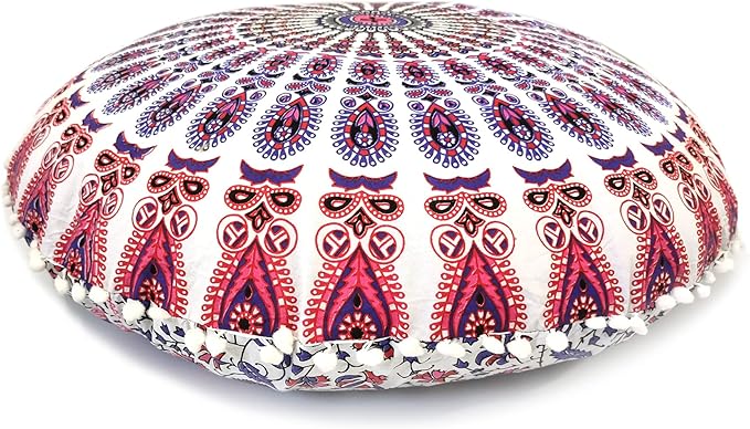 Round Mandala Floor Pillow Cover Seating Cushion Throw Cover Hippie Decorative Bohemian Ottoman Pouf Cover, Pom Pom Pillow Cases,Boho Indian 22 Inches (Pink)