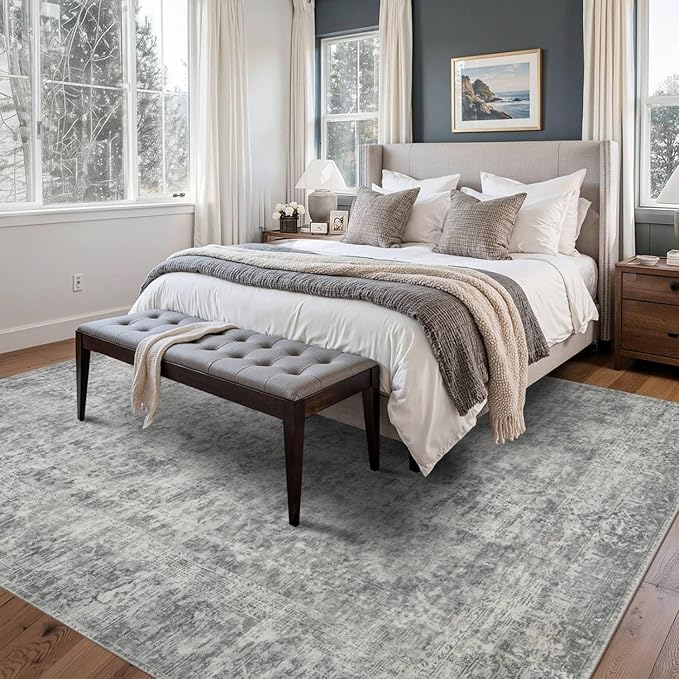 5x7 Area Rugs for Living Room Bedroom, Grey Washable Rug, Neutral Abstract Boho Rug, Non Slip & Low Pile Faux Wool Carpet for Indoor Dining Room and Farmhouse(Grey 5x7ft)