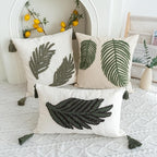 Linen Green Leaf Throw Pillow Cover, Tasseled Square Pillowcase with Tufted Tropical Fern Leaves, Modern Decorative Sham for Rustic Spring Summer Home Outdoor Decor, 18x18 inches, 1PCS