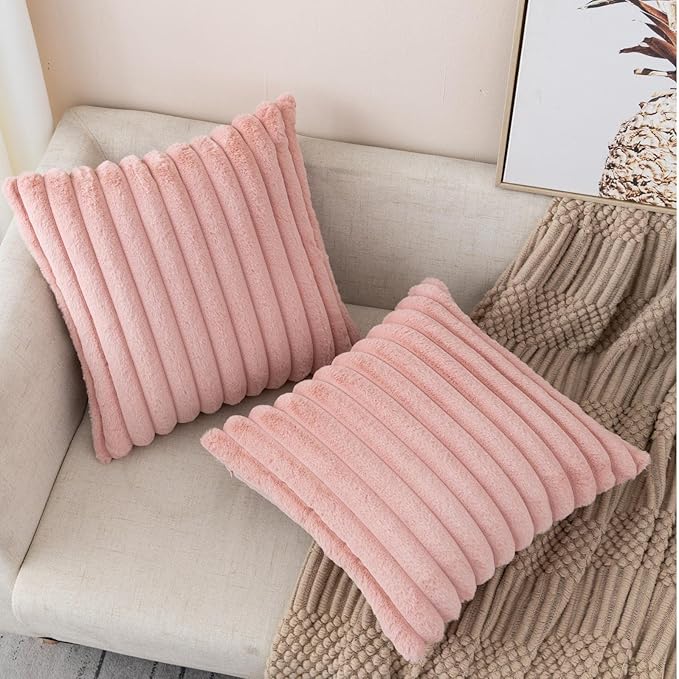 ZLINA Set of 2 Baby Pink Faux Fur Decorative Throw Pillow Covers Fluffy Striped Pillowcase Cushion Covers 24 x 24 Inch Decor Sofa Couch Bedroom