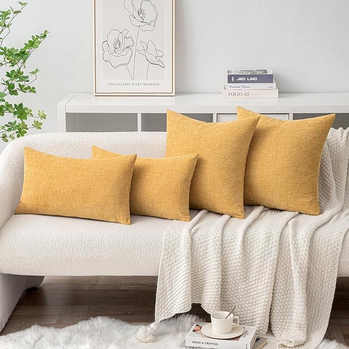 MIULEE Pack of 2 Couch Throw Pillow Covers 12x20 Inch Soft Beige Yellow Chenille Lumbar Pillow Covers for Sofa Living Room Spring Home Decor Couch Solid Dyed Cases