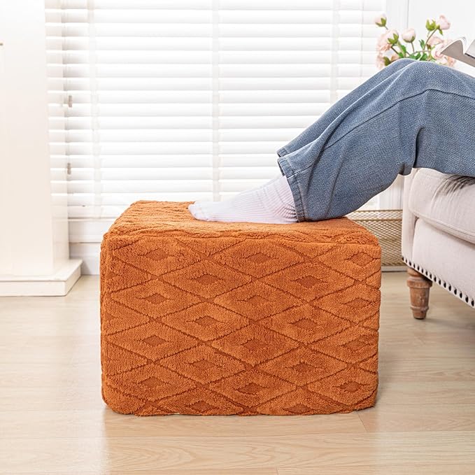 Fluffy Square Ottoman Pouf with All-in-One Foam Filling 20 x 14 Inches Furry Ottoman Foot Rest Foot Stool for Living Room or Bedroom (Orange)