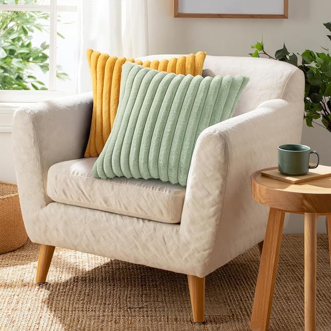 Pallene Faux Fur Plush Lumbar Spring Throw Pillow Covers 12x20 Set of 2, Luxury Soft Fluffy Striped Decorative Pillow Covers for Sofa, Couch, Living Room, Sage Green