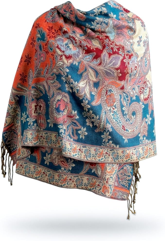 Achillea Reversible Paisley Pashmina Rave Scarf – Exotic Indian Shawls and Wraps for Evening Dresses, Festivals, All Seasons