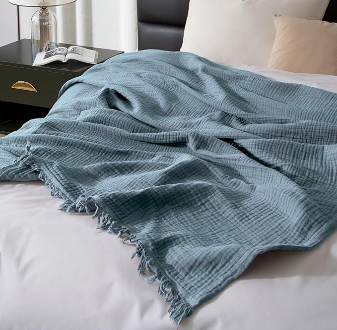 KyraHome 100% Organic Cotton Muslin Blankets, 90"x90" Queen, Pre-Washed, Breathable Lightweight Gauze Cotton Blanket for Couch, Adults, All Season (Slate Blue)