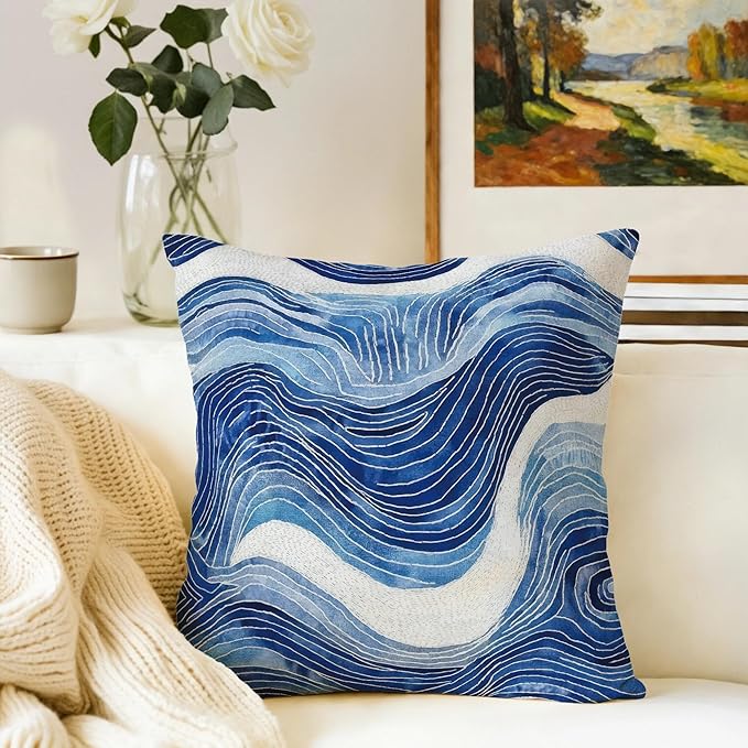 2 Pack Navy Blue and White Waved Throw Pillows Covers 18x18 Inch Decorative Modern Abstract Light Blue White Pillowcases Farmhouse Cushion Covers for Couch Bed Sofa Farmhouse Boho Spring Home Decor