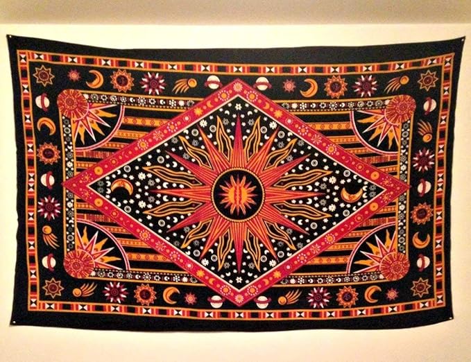 Popular Handicrafts Wall Hanging Tapestry For Bedroom Hippie Burning Sun and Moon Meditation Bohemian Hippy Psychedelic Design Indian Tapestries Bedspread 30 x 40 Inches (76 x 101 cms), Blue