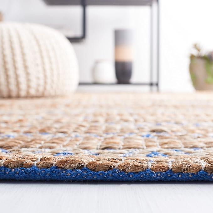 SAFAVIEH Natural Fiber Collection Area Rug - 10' x 14', Blue & Natural, Handmade Flat Weave Stripe Jute & Cotton Jute, Ideal for High Traffic Areas in Living Room, Bedroom (NFB655M)