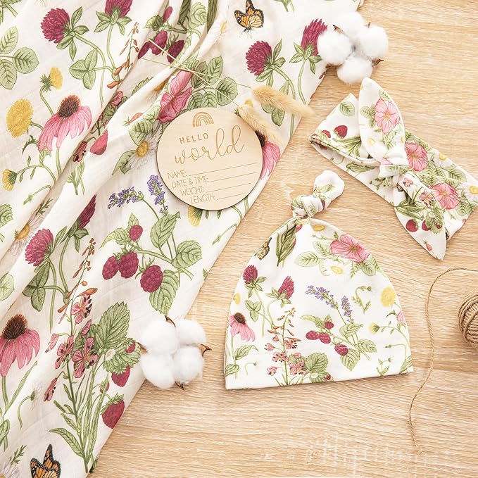 BabyWhale Muslin Swaddle Blanket with Hat and Headband Bow, Floral Pattern Swaddle Set for Baby Boys ＆ Girls, Unisex Newborn Soft Receiving Swaddle Wrap, 47x47 inches