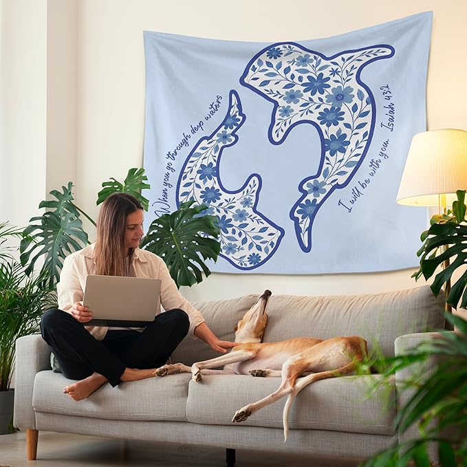 HUGANE Whale Shark Christian Tapestry, Isaiah 43:2 Bible Verse Tapestry Wall Hanging, Religious Bible Scripture Wall Blanket Backdrop Decor for Home Bedroom Living Room, 50x60 Inch,Color-B