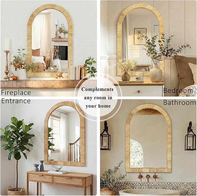24x36 inch Rattan Arched Mirror for Wall, Bohemia Bathroom/Farmhouse Boho Mirrors, Vanity Irragular Decorative Arched Mirror, Suitable for, Bedroom, Living Room, Home Decoration