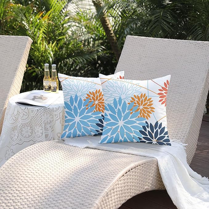 Light blue and Orange Floral Pillow Covers 20x20 Set of 2 Outdoor Waterproof Decorative Throw Pillows Summer Pillow covers Polyester Cushion Case Decor for Couch Patio Funiture Garden Porch 011D20