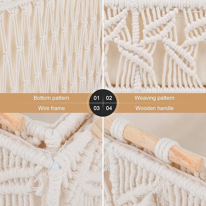 ANMINY 3PCS Macrame Storage Baskets for Organizing Boho Decor Baskets Storage Bins with Wood Handles Handmade Decorative Storage Boxes Desk Toilet Tank Bathroom Self Basket Organizer - Leaves