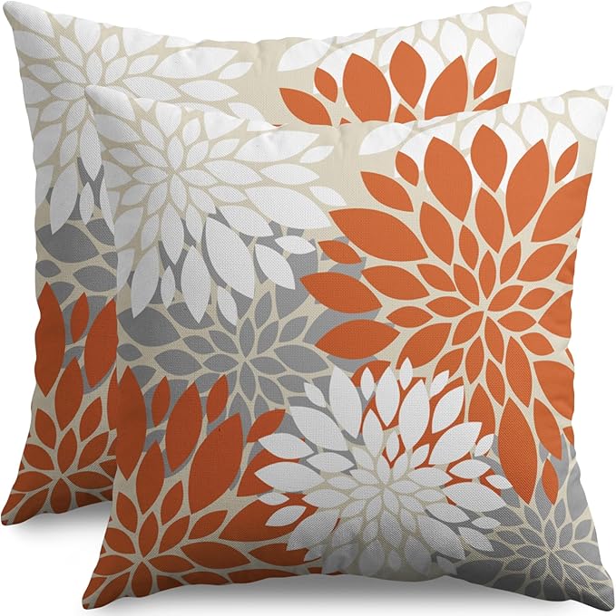 Orange White Grey Gray Pillow Covers 22X22 Inch Set of 2, Modern Dahlia Floral Print Decorative Throw Pillow Covers Outdoor Farmhouse Cushion Case for Home Couch Sofa Bed Decoration