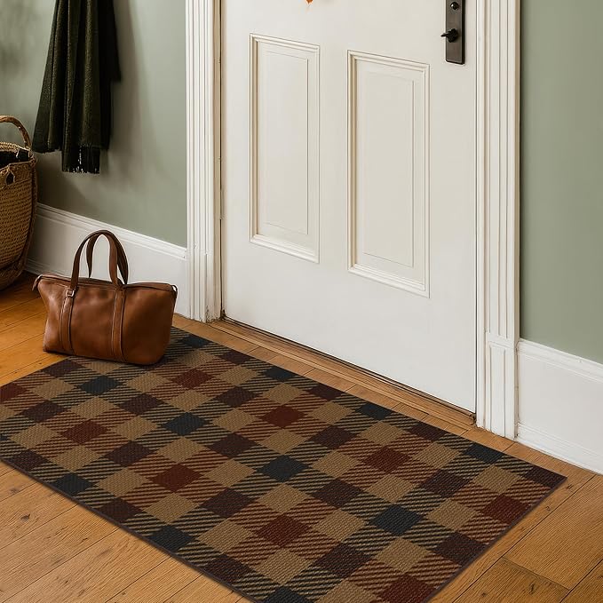 JTJ Vintage Large Door Mat Indoor Entrance - 2x4 Easy Jute Fall Rugs Outdoor for Patio, Balcony, Kitchen, Mudroom, Washable Earthy Brown and Red Checkered Elegence Décor