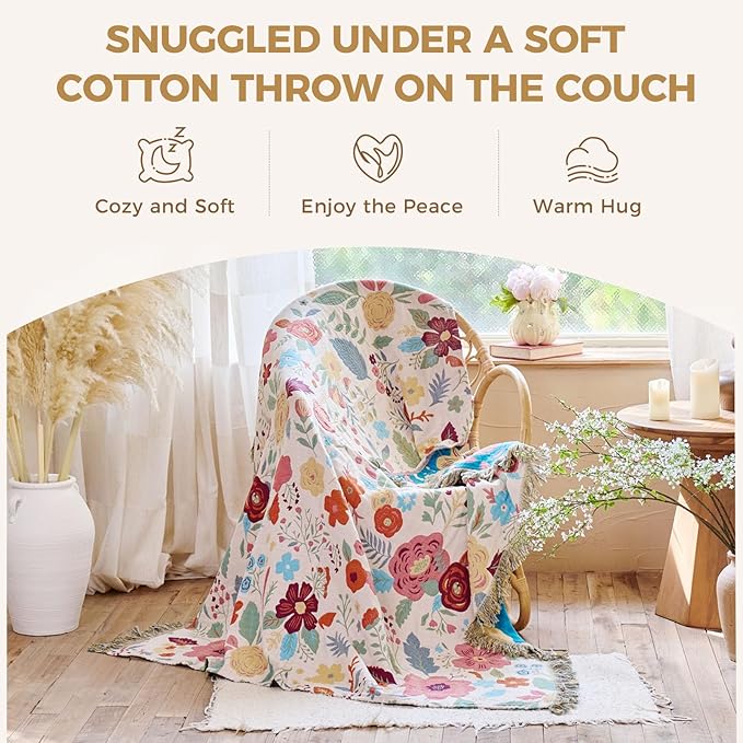 Boho Throw Blanket for Couch Sofa Chair Cotton Spring Blankets for Bedroom Living Room All Season Soft Lightweight Reversible Floral Embroidery Throws 50"x60" Bohemian Room Decor
