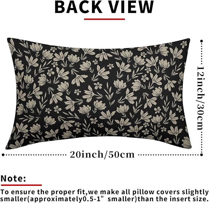 Vintage Flower Lumbar Pillow Covers 12x20 Set of 2 Rustic Old Style Cute Small Floral Black Cream Decorative Throw Pillows Outdoor PillowCase Farmhouse Linen Long Cushion Case Decor for Sofa Couch Bed