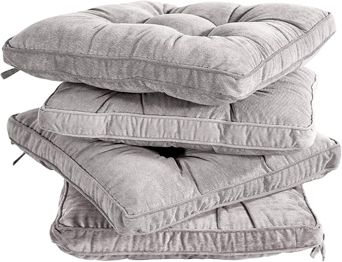 Tiita Chair Cushions for Dining Chairs Set of 4, 18x18 Inch Seat Cushions with Ties, Square Floor Pillows Pad for Indoor/Outdoor, Grey