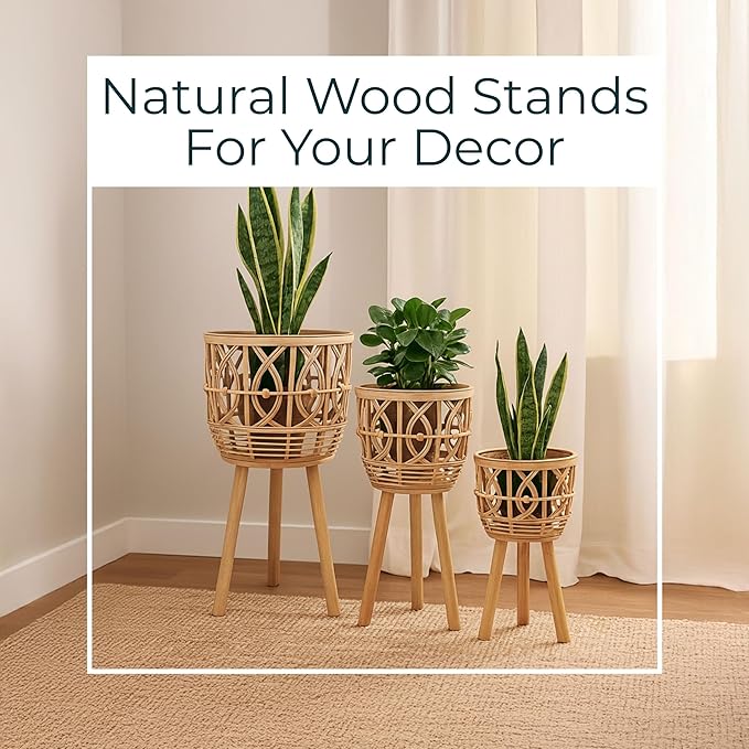 Handcrafted Bamboo Planters with Wooden Legs as Home Decor - Timeless Flower Pots for Entryway and Garden - Patterned Plant Pots for Outdoor and Indoor Plants - Set of 3, 26", 23", 20", Brown
