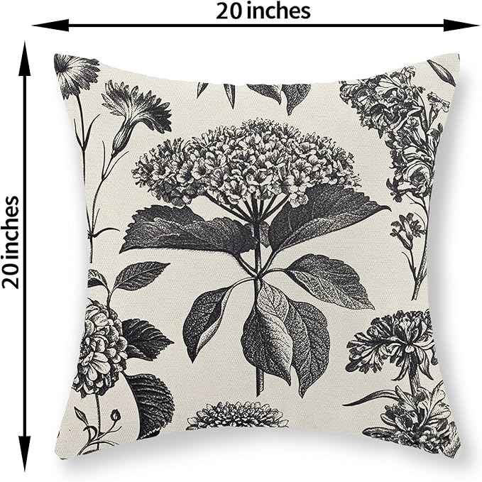 Black Pillow Covers 20x20 Set of 2 Vintage Boho Floral Hydrangea Herbs Botanical Throw Pillow Cover Outdoor Flower Decoration Pillowcase Linen Farmhouse Cushion Case Decorative for Couch Sofa