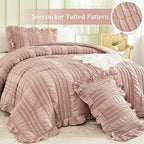 WONGS BEDDING Pink Comforter Set King,3 Pieces Ruffle Farmhouse Shabby Chic Boho Comforter for King Bed,Soft Textured Bedding Set with 1 Ruffle Comforter,2 Tufted Pillowcases 104"×90"