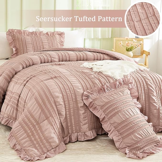 WONGS BEDDING Pink Comforter Set King,3 Pieces Ruffle Farmhouse Shabby Chic Boho Comforter for King Bed,Soft Textured Bedding Set with 1 Ruffle Comforter,2 Tufted Pillowcases 104"×90"
