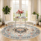 Area Rugs 5ft Washable Non-Slip, Floral Vintage Distress Print Pattern Medallion Carpet for Living Room Bedroom Dining Room, Beige Navy Blue Orange Colorful