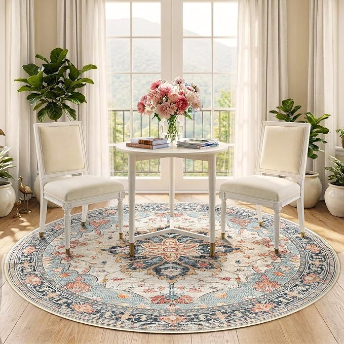 Area Rugs 5ft Washable Non-Slip, Floral Vintage Distress Print Pattern Medallion Carpet for Living Room Bedroom Dining Room, Beige Navy Blue Orange Colorful