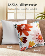 Embroidered Throw Pillow Cover - 18x18 Decorative Pillow Cover with Zipper Aesthetic Cute Design Boho Spring Summer Cozy Throw Pillowcase for Living Room Couch Sofa Bed, Artistic Flowers