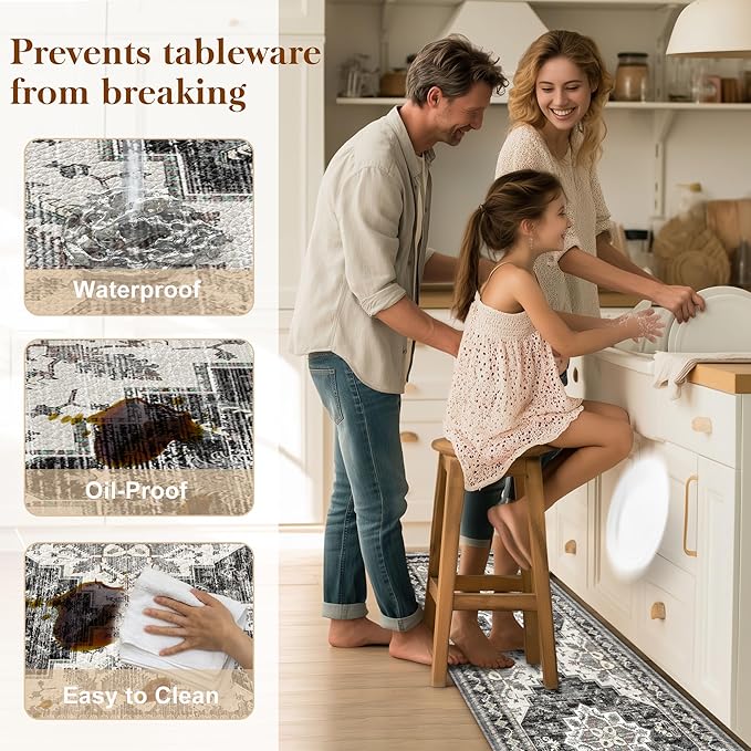 Boho Kitchen Mats for Floor 2 Piece Set Anti Fatigue Cushioned PVC Kitchen Rugs Non Slip Waterproof Farmhouse Mats 2/5 Inch Comfort Standing Mat for Laundry, 17.3"x59"+17.3"x28", Black Brown Grey