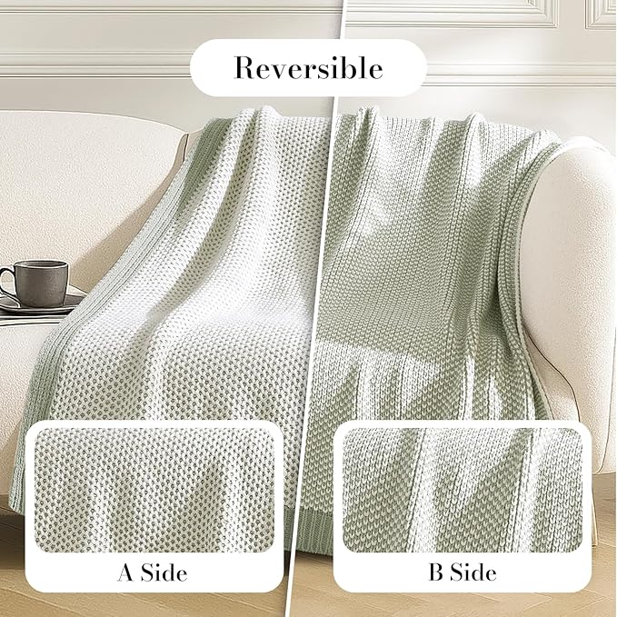 Amélie Home Honeycomb Knit Throw Blanket for Couch, Dual-Sided Soft Chenille Decorative Blankets for Sofa & Chair, 50"x60", Sage Green & White