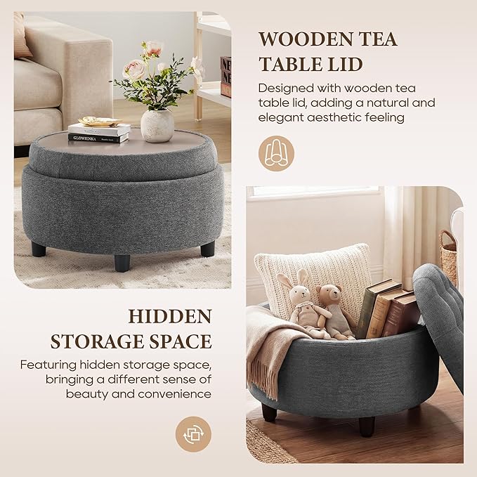 COLAMY Fabric Round Storage Ottoman with Reversible Tray Lid – Multi-Functional Footrest, Hidden Storage, Sturdy & Stylish Small Coffee Table for Living Room, Bedroom, or Entryway(Dark Grey)