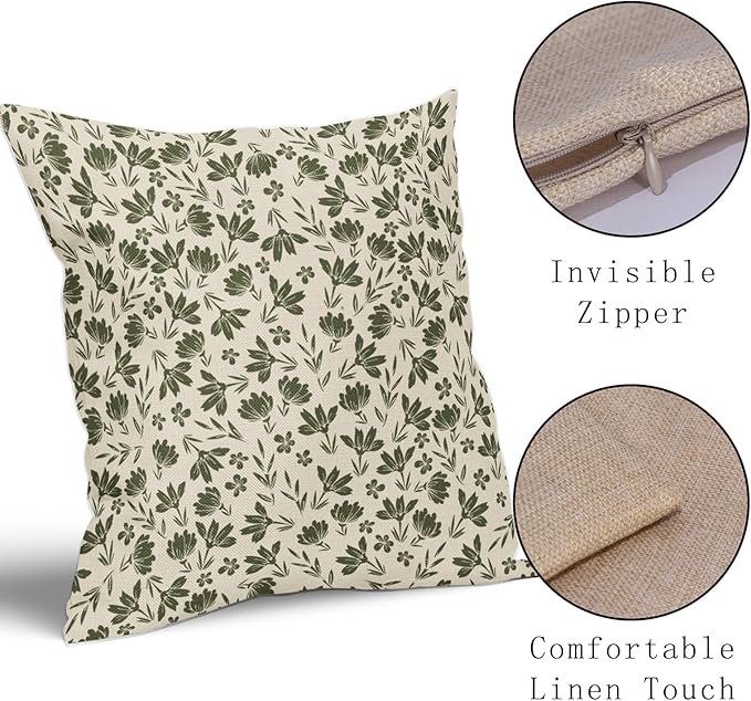 Olive Green Floral Pillow Covers 18x18 Set of 2 Vintage Rustic Old Style Cute Small Flower Green Cream Print Decorative Outdoor Pillowcases Farmhouse Throw Cushion Case Decor for Couch Sofa Bed