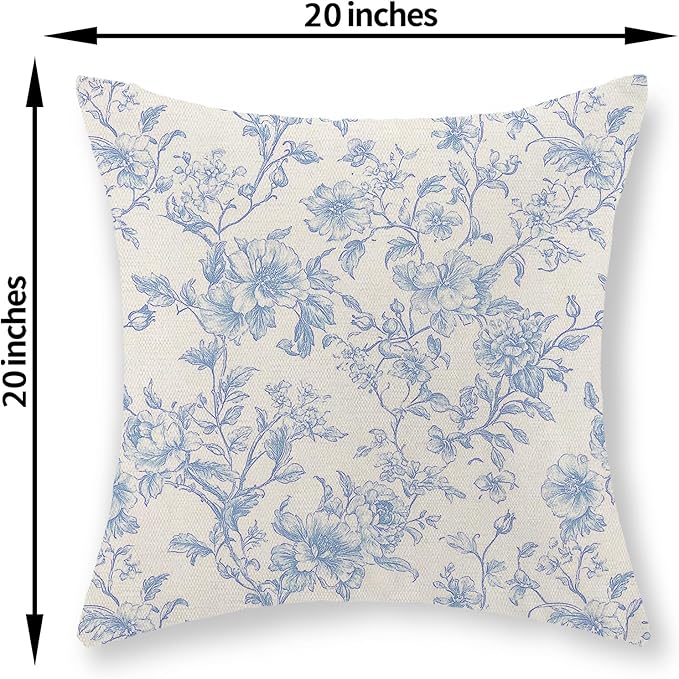 Baby Blue Pillow Covers 20x20 Set of 2 Blue and Cream Floral Chinoiserie Throw Pillows Vintage Rustic Toile Flower Decorative Pillowcase Outdoor Chinoiserie Decor Cushion Case for Couch Sofa