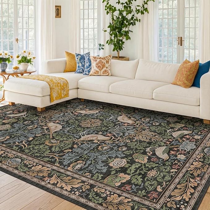 Dark Living Room Rug 8x10 - Large Washable Floral Area Rugs for Dining Room Under Table, Bedroom, Office, Birds and Leaves Nature Design, Non-Slip Low Pile (Dark Green/Brown)