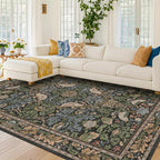 Dark Living Room Rug 8x10 - Large Washable Floral Area Rugs for Dining Room Under Table, Bedroom, Office, Birds and Leaves Nature Design, Non-Slip Low Pile (Dark Green/Brown)