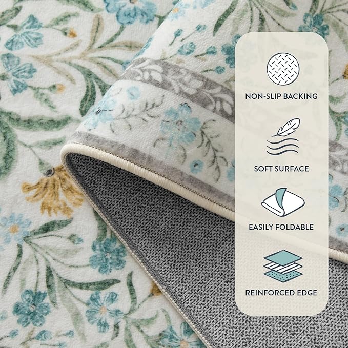 Lahome Sylvie Light Blue Runner Rug 2x6, Boho Floral Runners for Kitchen Floor, Machine Washable Soft Thin Indoor Throw Carpet Runners for Hallway Bathroom Laundry 6ft, Blue