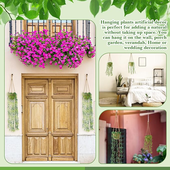 6 Set Mini Fake Hanging Plants with Woven Basket Boho Artificial Ivy Faux Vines Eucalyptus Leaf for Indoor Home Wall Living Room Bathroom Shelf Decor (Eucalyptus Leaf)