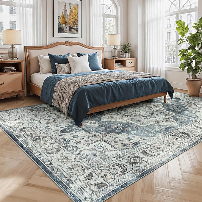 Lessymo 8x10 Vintage Medallion Rug for Living Room, Machine Washable Area Rugs for Bedroom Dining Room Under Table, Soft Low Pile Carpet with Non Slip Backing, Blue Grey/Beige